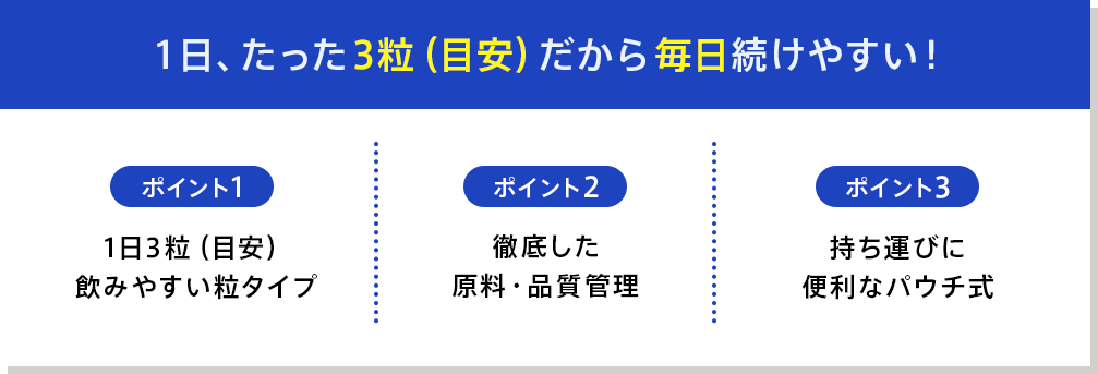 １日、たった3粒（目安）だから毎日続けやすい！ ポイント1 1日3粒（目安）飲みやすい粒タイプ　ポイント2  徹底した原料・品質管理 ポイント3 持ち運びに便利なパウチ式