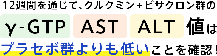 12週間を通じて、クルクミン+ビサクロン群のγ-GTP AST ALT値はプラセボ群よりも低いことを確認！