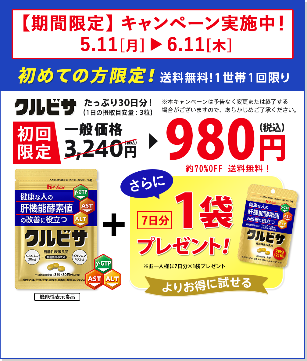 ~1/8水まで 1世帯1回限り 送料無料！ 初めての方限定！ ハウス クルビサ 機能性表示食品 たっぷり30日分！(1日の摂取目安量：3粒) 一般価格3,240円（税込）→初回半額1,620円（税込）さらに！このページからのご注文ならよりお得に試せます！ 初回限定 特別価格980円(税込)一般価格より半額以下 ※12/25(水)23:59までのご注文分までは年内に出荷いたします。12/26(木)以降のご注文は1/6(月)より順次発送いたします。※ご注文は、通常通り24時間受け付けております。