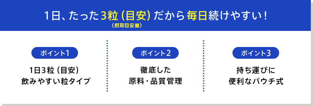 １日、たった3粒（目安）（摂取目安量）だから毎日続けやすい！ ポイント1 1日3粒（目安）飲みやすい粒タイプ　ポイント2  徹底した原料・品質管理 ポイント3 持ち運びに便利なパウチ式