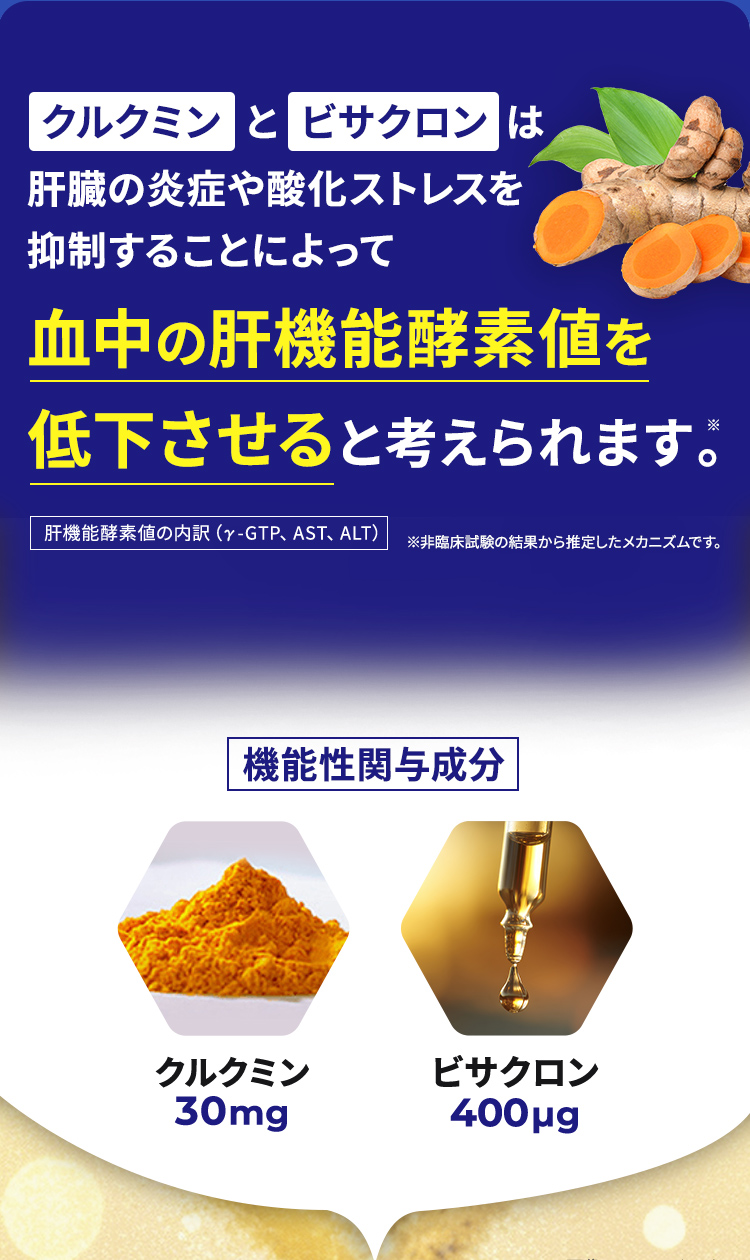 クルクミンとビサクロンは肝臓の炎症や酸化ストレスを抑制することによって血中の肝機能酵素値を低下させると考えられています。