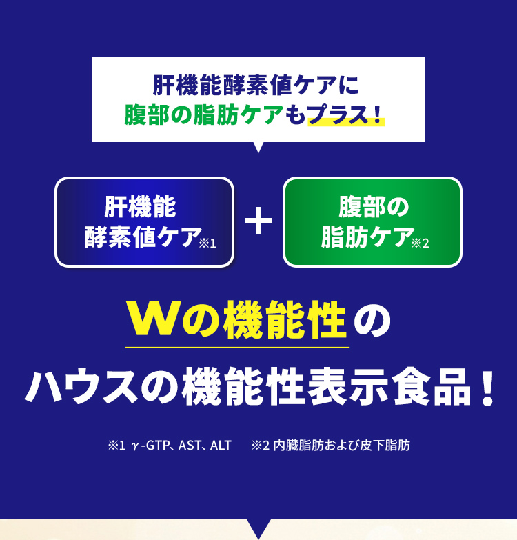 肝機能酵素値ケア+腹部の脂肪ケア Wの機能性のハウス機能性表示食品！