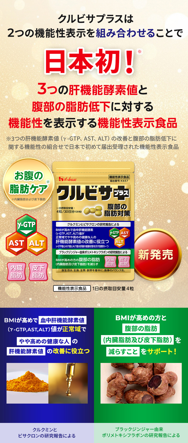 クルビサプラスは2つの機能性表示を組み合わせることで日本初！3つの肝機能酵素値と腹部の脂肪低下に対する機能性を表示する機能性表示食品